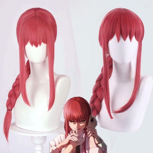 Parti Malzemeleri Anime Chainsaw Man Wig Makima Uzun Gül Kırmızı Saç Cosplay Rol Oyunu Cadılar Bayramı Sentetik 75cm