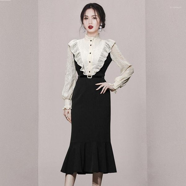 Повседневные платья 2023 Осенний корейский стиль Женщины Женщины рыбные хвостики черный элегантный с длинным рукавом офис Vestidos