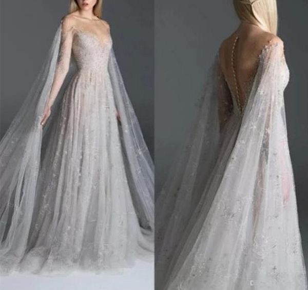 Elegante Abendkleider aus silberner Spitze, Cape-Illusion, lange Ärmel, transparenter Rücken, sexy A-Linie, formelle Partykleider, arabisches Damenkleid für besondere Anlässe