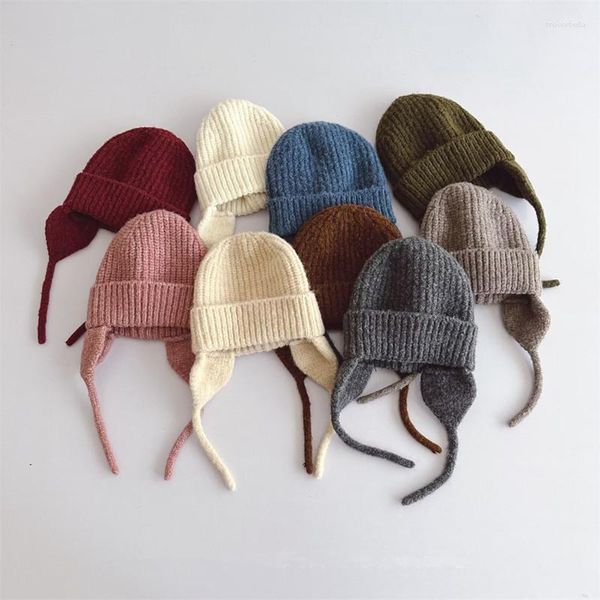 Beralar Japon tarzı çocuklar örme kulak şapkası 2023 Sonbahar/Kış Retro Sıcak Düz Renkli Erkek Kızlar 48-52cm