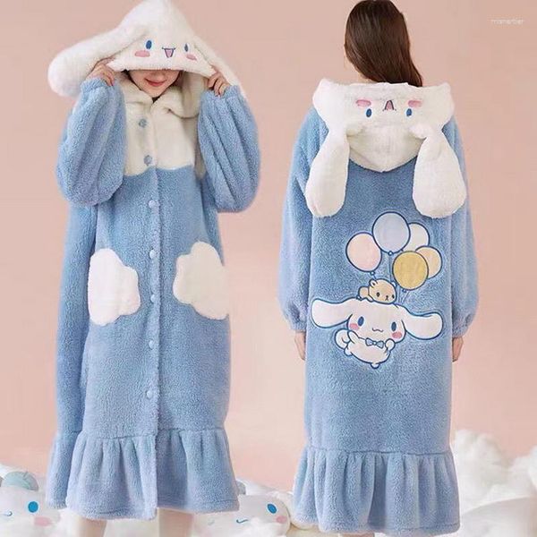 Mulheres sleepwear outono inverno flanela pijamas dos desenhos animados manga longa camisola coral velo quente mulheres cão animal com capuz bonito nightdress