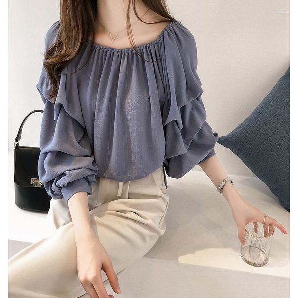 Kadın Bluzları 2023 Stil Bir Hat Boyun Kapalı Omuz Şifon Gömlek Gevşek Kabarcık Üst İnce Düz Renk Altı