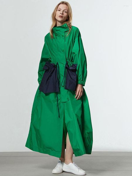 Trench coats femininos primavera outono extra longo oversized casaco verde para mulher com bolsos grandes cordão designer de luxo moda 2023