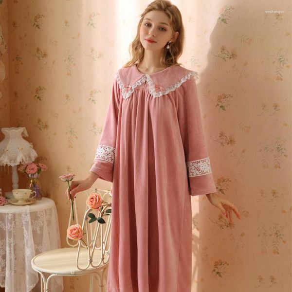 Mulheres sleepwear camisola inverno bonito flanela manga longa casa roupas doce francês princesa vestido coral velo grosso pijama menina