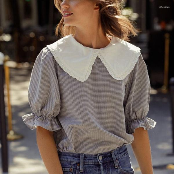 Kadınlar bluzlar bayanlar fransız tatlı kontrol gömlek geri düğme tasarımı vintage bluz fırfırlı lace bebek yaka kısa kolu all-fatch camisas
