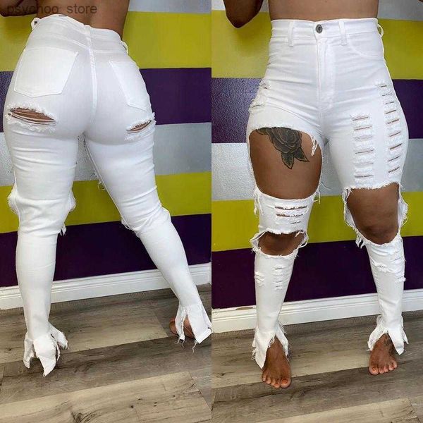 Jeans femininos Echoine Sexy Hollow Out Flare Denim Calças Branco Rasgado Jeans Cintura Alta Bodycon Buraco Mulheres Calças Club Outfits 2023 Q230901