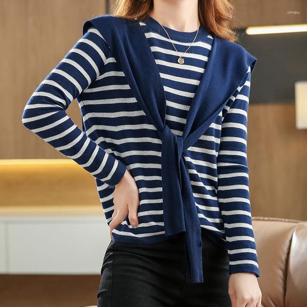 Maglioni da donna Autunno e inverno Maglione da donna in misto lana a righe Scialle O-Collo Pullover da marinaio Set da due pezzi Camicia base calda lavorata a maglia sottile