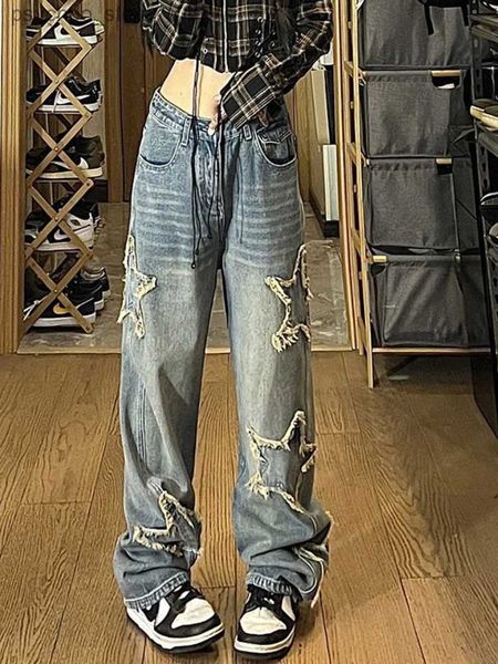 Jeans da donna Vintage High Street Star Ricamo Jeans denim Pantaloni larghi dritti a gamba larga Y2k Estetico Punk Casual Grunge Pantn E-girls Q230901