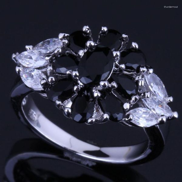 Cluster-Ringe, strahlende Blume, schwarzer Zirkonia, weiße CZ, versilberter Ring V0639