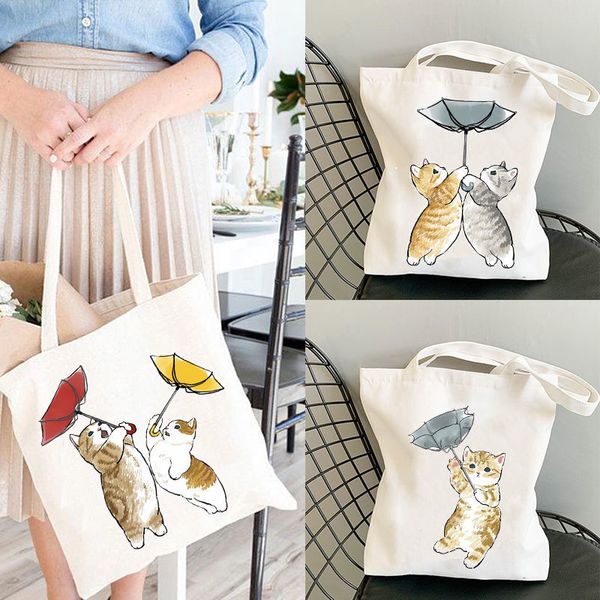 Bolsas de compras Moda Tote Bag Bolsos Casual Girl Hombro para niñas Shopper Kawaii Cats Lindo Animal Canvas 230901