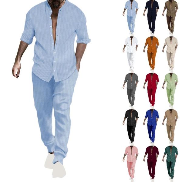 Tute da uomo Camicia con colletto Hengli a righe Pantaloni Trend Set casual in cotone e lino