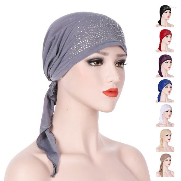 Roupas étnicas Mulheres Coroa de Cristal Lenço Simples Instantâneo Hijabs Muçulmano Turbante Chapéu Cap Inferior com Cabeça Envoltória de Cauda