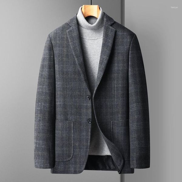 Ternos masculinos estilo clássico homens xadrez cashmere blazers cinza marinho café verificado padrão de lã de ovelha jaquetas quentes outfies traje 2023