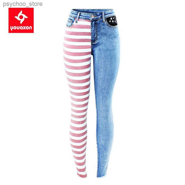 Женские джинсы 2617 Youaxon New American Flag Red Stripes Patchwork Jeans Женская уличная одежда эластичные джинсовые брюки Y2K для женщин одежда Q230901