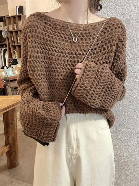 Damenpullover, brauner Strickpullover mit Kettengliedern, Herbstmode, dünner Pullover, übergroß, lockere Glockenärmel, U-Boot-Ausschnitt, Pullover-Oberteil