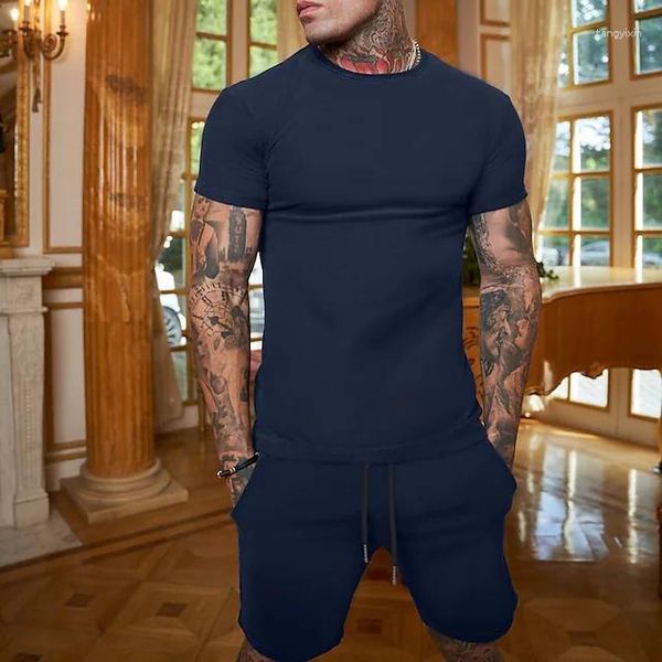 Roupas masculinas roupas para homens 3d impresso t-shirt ternos treino ropa cor sólida tripulação pescoço manga curta 2 peça designer de moda casual