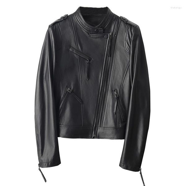 Jaqueta de couro feminina genuína primavera outono casaco de pele carneiro curto coreano motocicleta jaquetas giacca pel2023