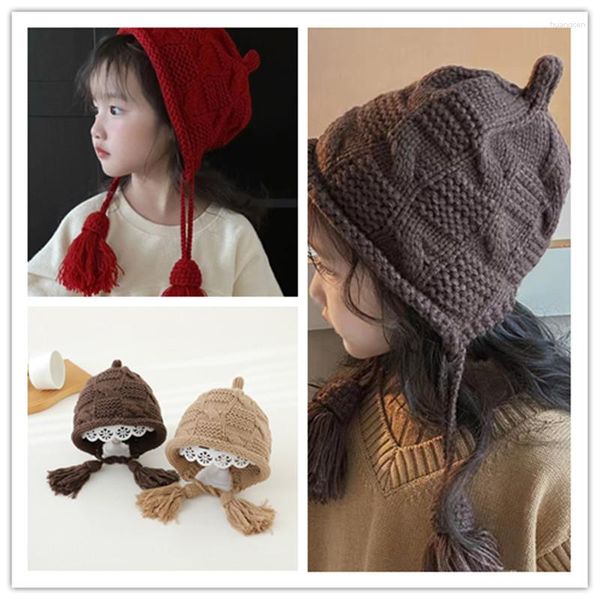 Berets 46-52cm crianças chapéu de malha 2023 outono/inverno meninos e meninas estilo coreano bebê borla rendas até proteção de ouvido quente