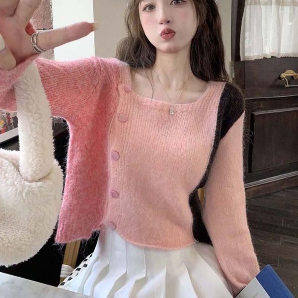 Maglioni femminili patchwork da donna maglione pullover autunno autunno knitwear coreano abbottons crop top top jumper collare quadra