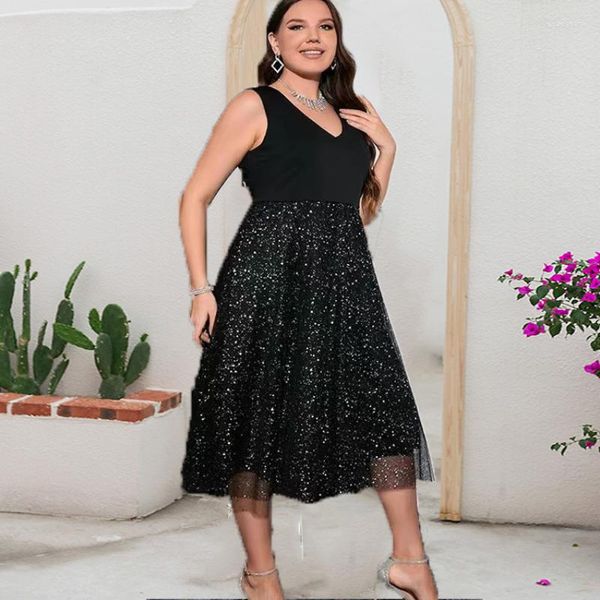 Plus size vestidos elegantes mulheres vestido 5xl lantejoulas miçangas brilhante preto midi festa 2023 primavera verão feminino baile de formatura