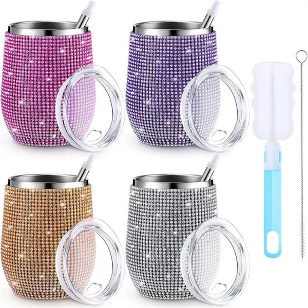 Gobelet Bling de 12 oz avec strass, verres à vin en diamant, tasse isolée en acier inoxydable avec paille pailletée, vente en gros thermique sous vide