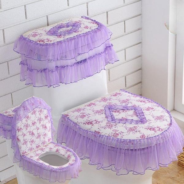 Capas de assento de vaso sanitário 3pcs Lace Bordado Decoração de Casa Capa Destacável Pano Antibacteriano Anel Almofada