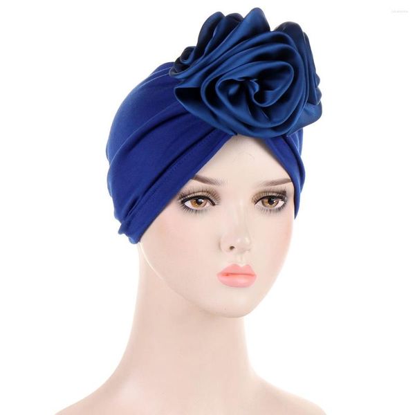 Abbigliamento etnico Berretti turbante con fiori in raso per donna Bandana elastica Copricapo avvolgente Copricapo musulmano Cappello africano Copricapo femminile