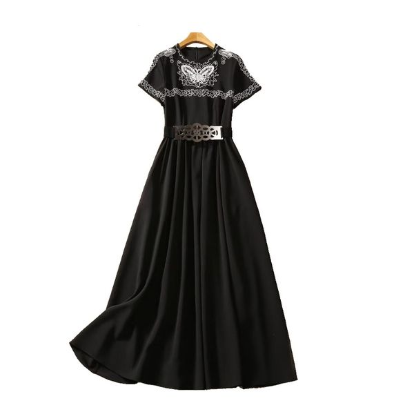 Verão preto contraste cor borboleta bordado vestido de manga curta em torno do pescoço com cinto midi vestidos casuais a3q191340 plus size xxl