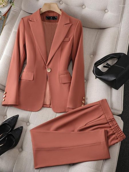 Pantaloni a due pezzi da donna Marrone Nero Rosso Ufficio Pantalone da donna Completo da donna Blazer formale solido Giacca e pantaloni Abbigliamento da lavoro da lavoro femminile 2 Set