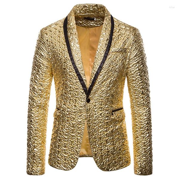 Мужские костюмы золотой металлический пиджак Men 2023 Brand Shawl воротник одно кнопка платье Blazers вечеринка свадебная сцена костюм выпускной