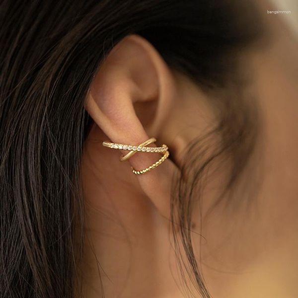 Brincos pendurados geométricos, punho de orelha com pedra cz em metal dourado em camadas, sem punção, design feminino, joias coreanas