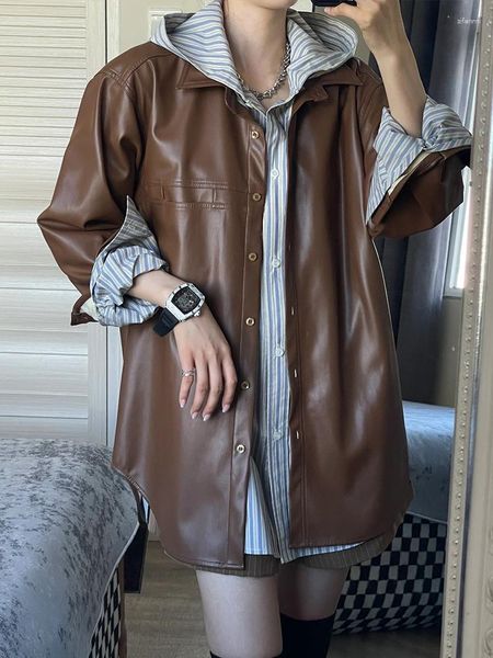 Женская кожаная искусственная куртка Женская корейская модная винтажная коричневая пальто Женская осенняя повседневная с длинным рукавом выключить воротник негабаритный пальто