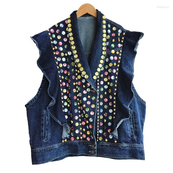 Gilet da donna Colletto con volant Gilet di jeans Gilet da donna sciolto di media lunghezza Gilet da cowboy Rivetto multicolore Paillettes Giacca di jeans senza maniche Donna