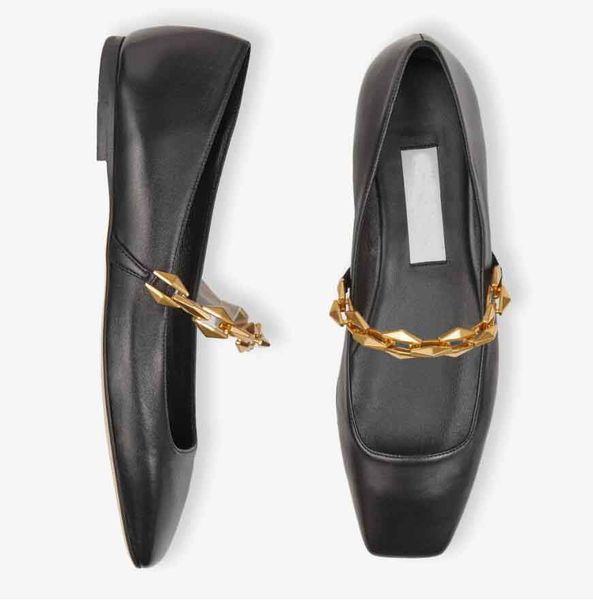 Top Luxury Diamond Tilda Sandálias Sapatos Nappa Couro com Gols Chain Strap Square Toe Flat Branco Preto Conforto Senhora Casual Andando EU35-43