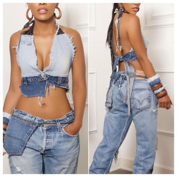 Damen Tanks Farbe Patchwork Y2K Denim Crop Top Frauen Sexy Tiefer V-Ausschnitt Ärmellos Bandage Halter Rückenfrei Unregelmäßige Jeans Westen Tops