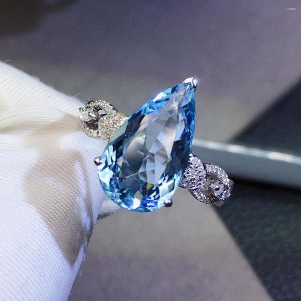 Cluster Anéis ZYH Jóias Sólido 18K Ouro Branco Natureza 3.1ct Azul Aquamarine Gemstones para Mulheres Fine Jewelry Presentes