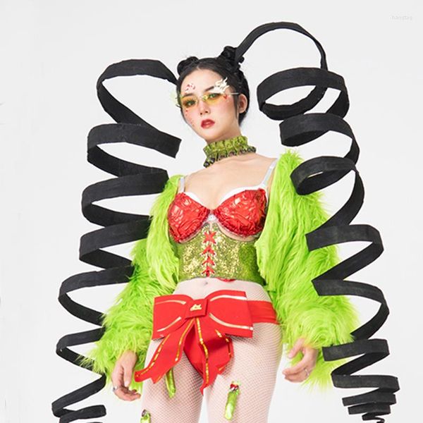 Abbigliamento da palcoscenico Atmosfera natalizia Abbigliamento Cappotto di pelliccia di colore fluorescente Bikini con paillettes Pole Dance Clubwear Gogo Dancer Costume XS3348