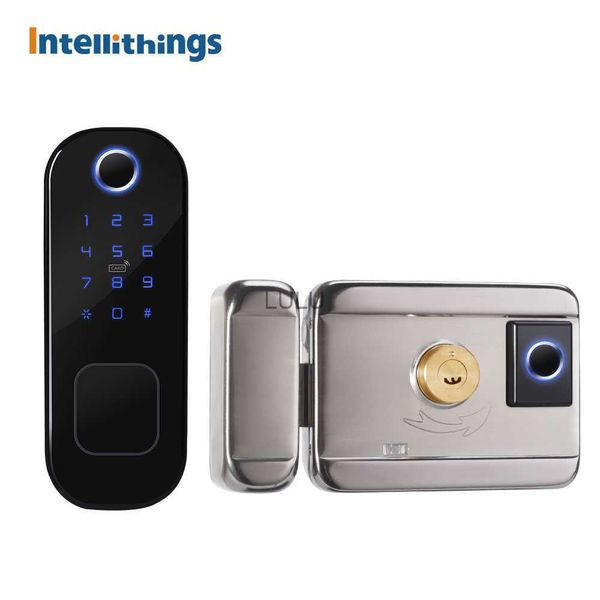 Serrature per porte Intellithings Tuya WiFi Smart Dual-Side Blocco impronte digitali Sicurezza domestica Serratura per porta Crittografia con chiavi Tuya App Schede IC Password HKD230902