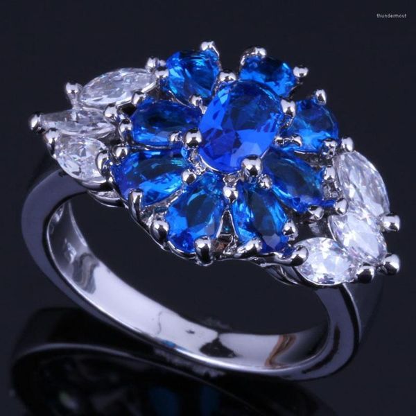 Cluster-Ringe, himmlische Blume, blauer Zirkonia, weiße CZ, versilberter Ring V0640