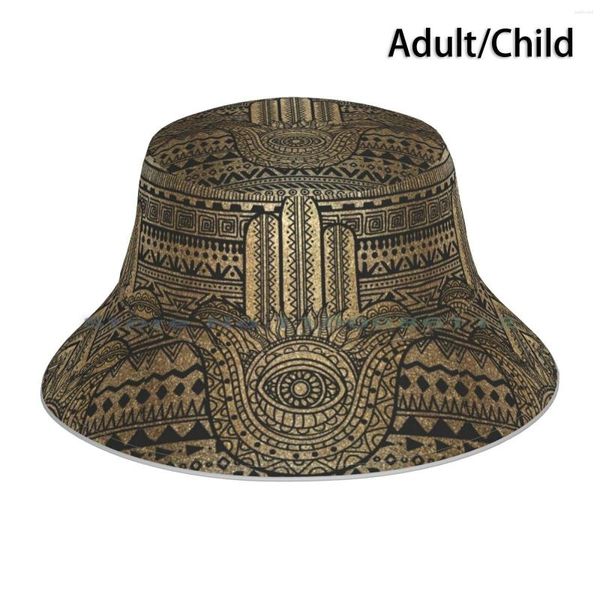 Berretti con motivo nativo Hamsa dorato, cappello a secchiello, berretto da sole, malocchio, simbolo ebraico Zen India, meditazione, yoga, religione spirituale