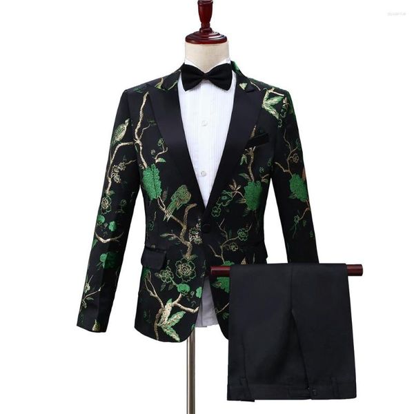 Abiti da uomo stile cinese ricamato elegante per uomo giacca floreale slim fit verde ricamo moda costume di scena Homme