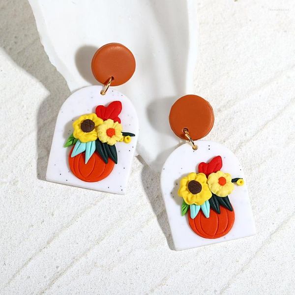 Dangle Brincos AENSOA Handmade Abóbora Padrão Floral Polímero Argila Para Mulheres Branco Laranja Geométrica Gota Jóias de Halloween