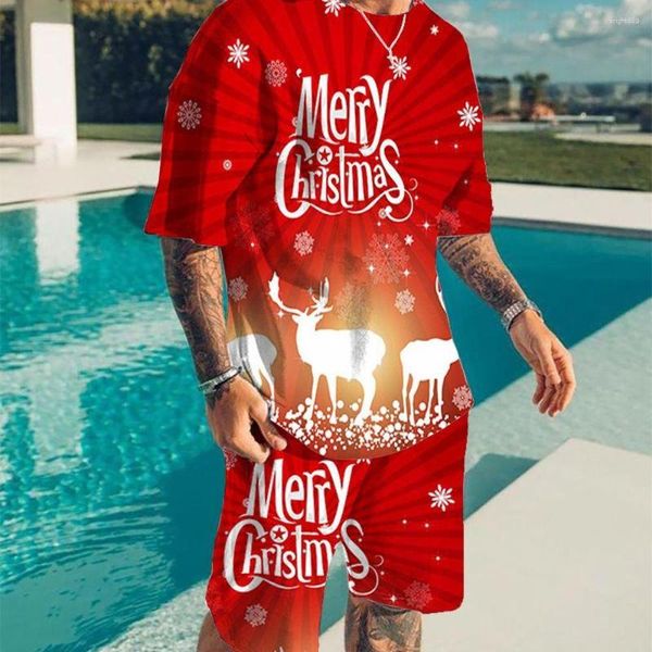 Erkek Trailtsits 2023 Kısa Kollu Takım 3d Noel tarzı Noel Baba Yalan Cebir Baskılı O yaka T-Shirt Plajı Şort İki Parçalı Moda Giysileri