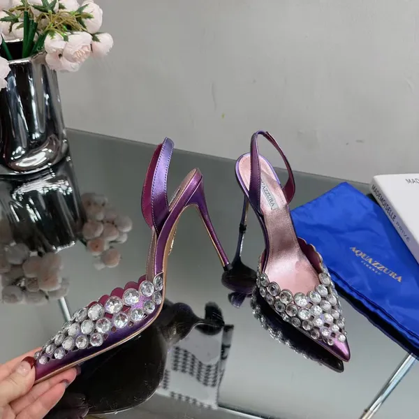 2023 neue AQUAZZURA Sandalen Mode Frauen Strass Dekoration High Heel Party Schuhe Luxus Designer Marke Schuhe Mesh Hohl Zehen Wrap leder slingbacks