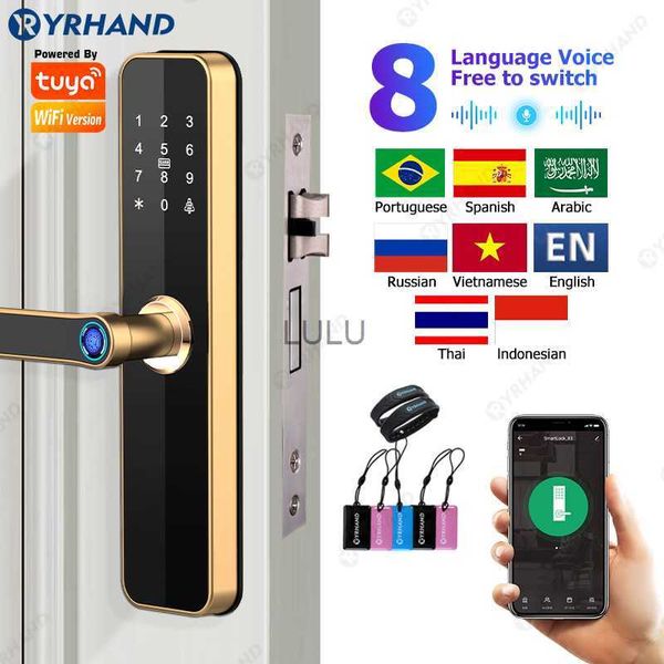 Fechaduras de porta YRHAND Ouro Biométrico Inteligente Fechadura de porta TUYA WIFI Desbloqueio remoto Cartão de impressão digital Senha Chave Senha Fechadura de porta inteligente HKD230902