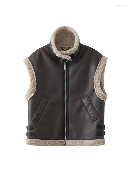 Gilet da donna Autunno Donna Gilet senza maniche Gilet in pelliccia di agnello in ecopelle Giacca Vintage Cerniera femminile Streetwear Cappotto caldo Capispalla