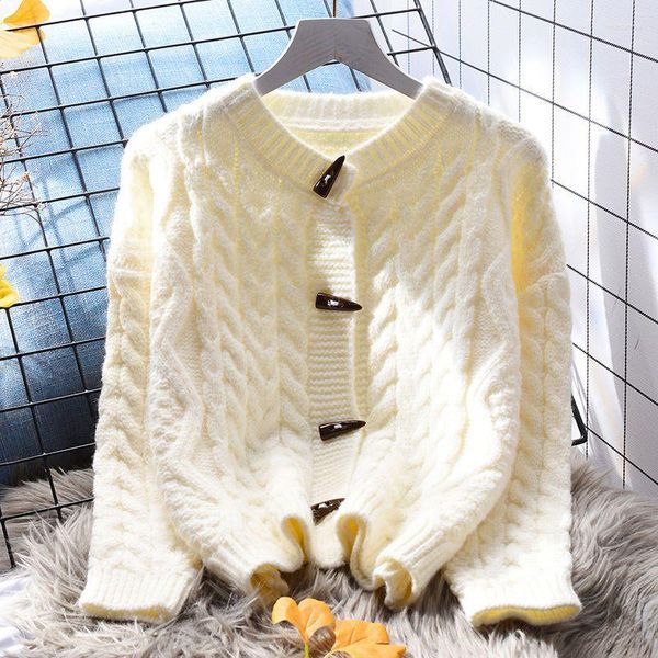 Frauenpullover Korejepo Kuh Hornknopf Pullover Frauen Lose Faul Stil 2023 Japanischer Herbst Wintermantel Dicke pastorale Strickjacke