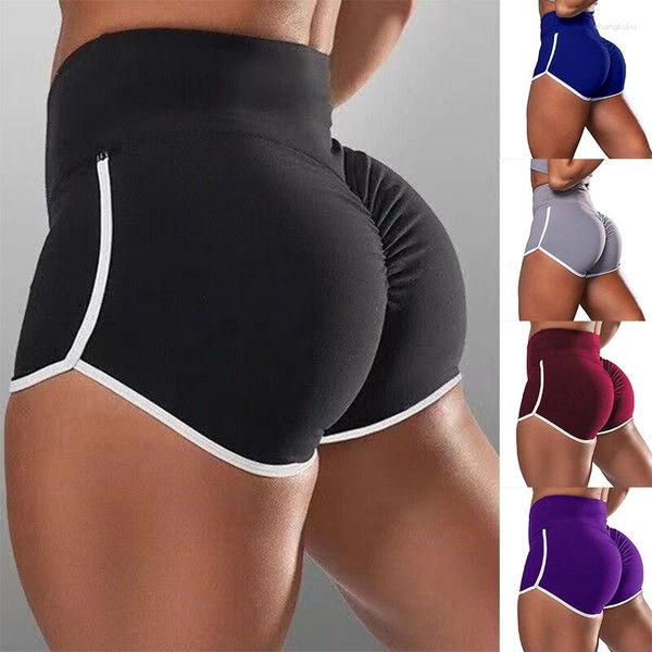 Shorts femininos elástico cintura alta yoga para mulheres verão moda cor sólida plissado sexy magro esportes ginásio fitness feminino 2023