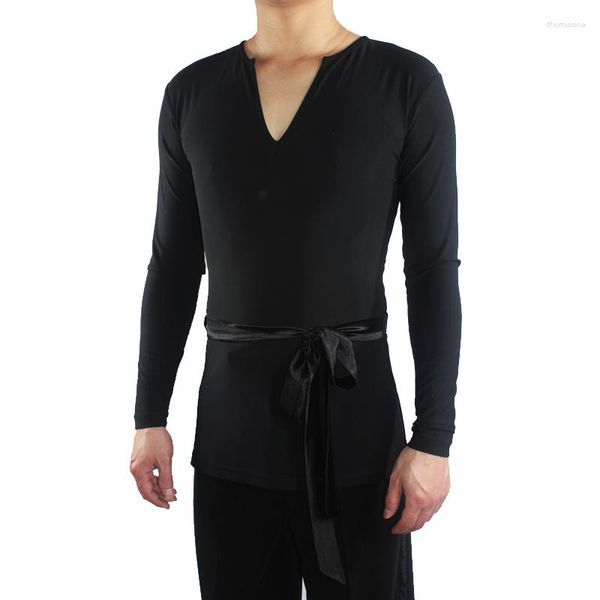 Stage Wear Latin Tops Homens Traje Preto Manga Longa Roupas de Dança Adulto Masculino Chacha Rumba Tango Profissional VDB625