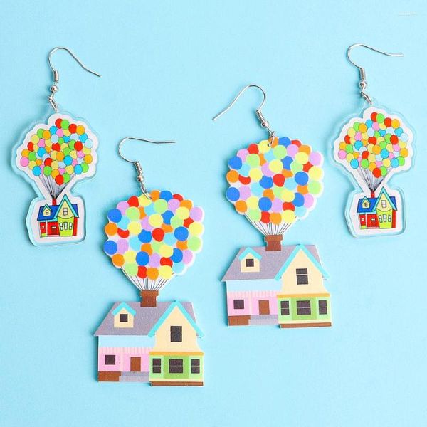 Brincos pendurados acrílico colorido balão de ar impressão pingente gota para mulheres casa voadora castelo brinco moda jóias